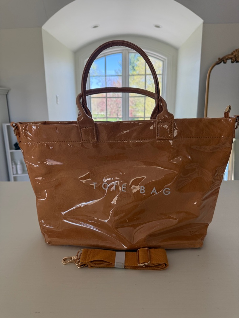 PVC Glossy Camel color  Patent Tote Bag with Detachable Strap